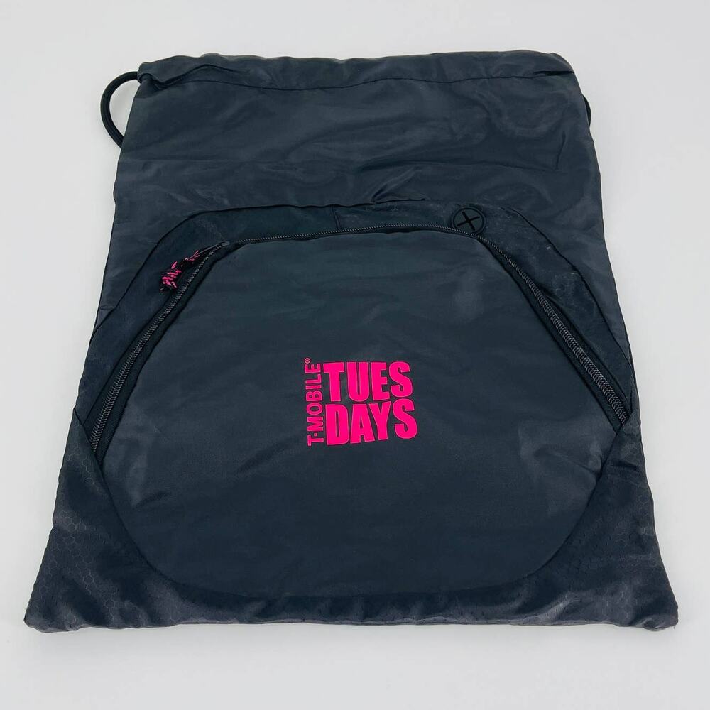 T-Mobile Black Lightweight Drawstring Backpack Zipper Compartment Pink Logo -New